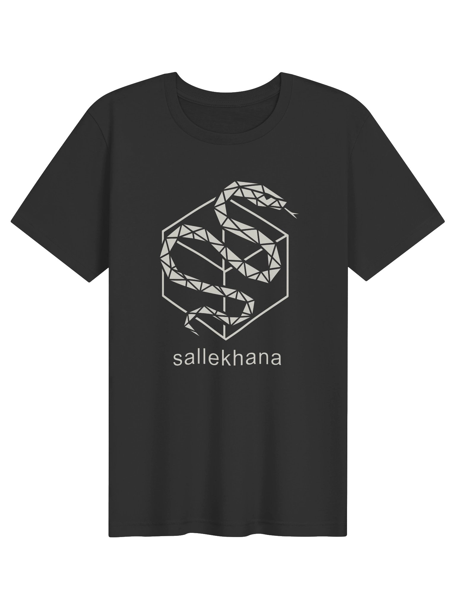 Black Sallekhana short-sleeve tee with the large bone geometric serpent logo and readable artist name on the front